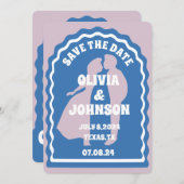 Moderne minimale blauwe retro golvende boog vet da save the date (Voorkant / Achterkant)