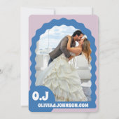 Moderne minimale blauwe retro golvende boog vet da save the date (Achterkant)