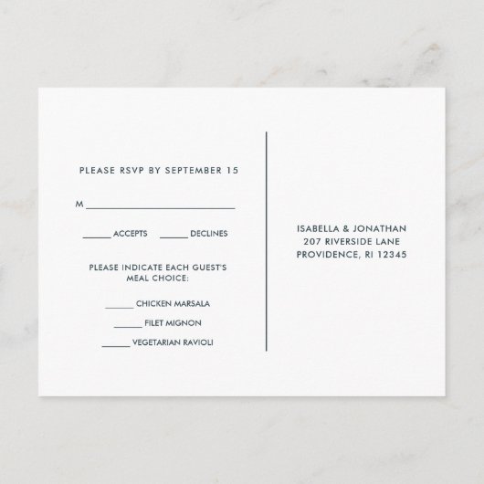Moderne minimale blauwe RSVP Trendy Script Maaltij Uitnodiging Briefkaart (Achterkant)