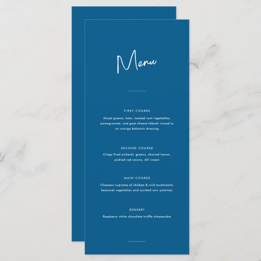 Moderne minimale blauwe script bruiloft menu (Voorkant / Achterkant)