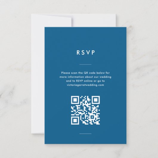 Moderne minimale blauwe script bruiloft RSVP kaartje (Voorkant)
