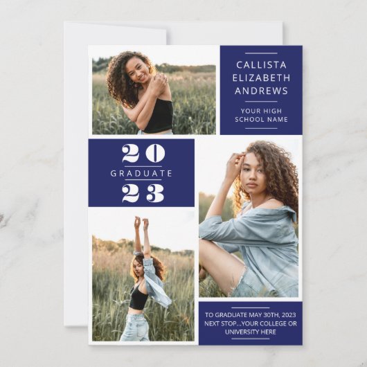 Moderne minimale blauwe witte foto-raster Afstuder Aankondiging (Voorkant)