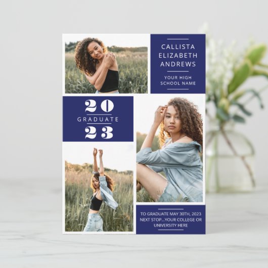 Moderne minimale blauwe witte foto-raster Afstuder Aankondiging (Staand voorkant)