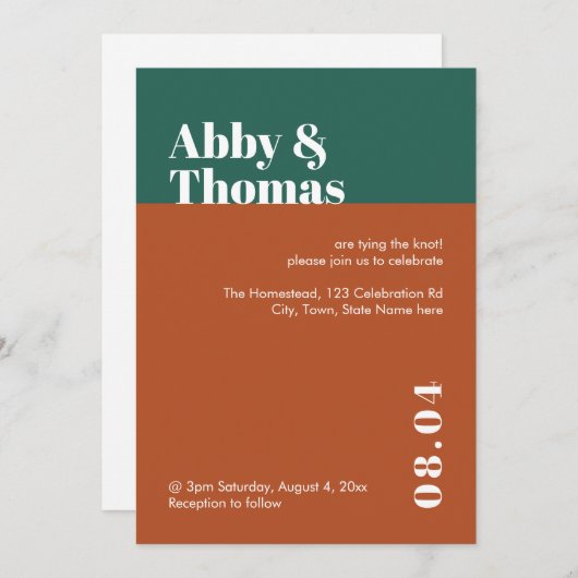 Moderne minimale Blauwgroen colorblokbruiloft met  Kaart (Voorkant / Achterkant)