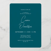 Moderne minimale Blauwgroen foto veertigste verjaa Folie Uitnodiging (Achterkant)