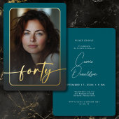 Moderne minimale Blauwgroen foto veertigste verjaa Folie Uitnodiging