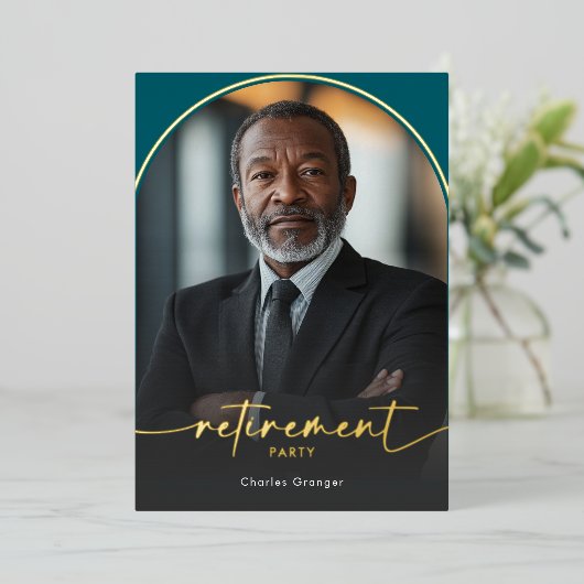Moderne minimale Blauwgroen pensioenpartij Folie Uitnodiging (Staand Voorkant)
