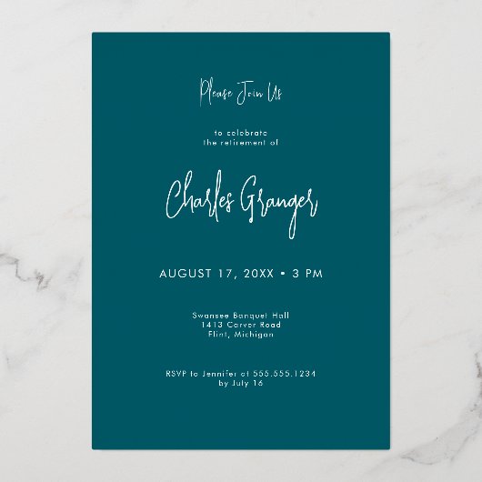 Moderne minimale Blauwgroen pensioenpartij Folie Uitnodiging (Achterkant)