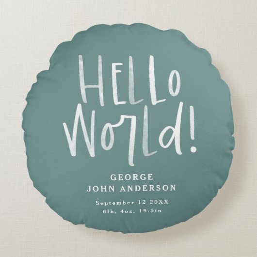 Moderne minimale blauwgroen typografie foto baby rond kussen (Voorkant)