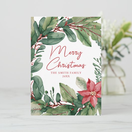 Moderne minimale bloemenkrans Vrolijk kerstfeest Feestdagenkaart (Staand voorkant)