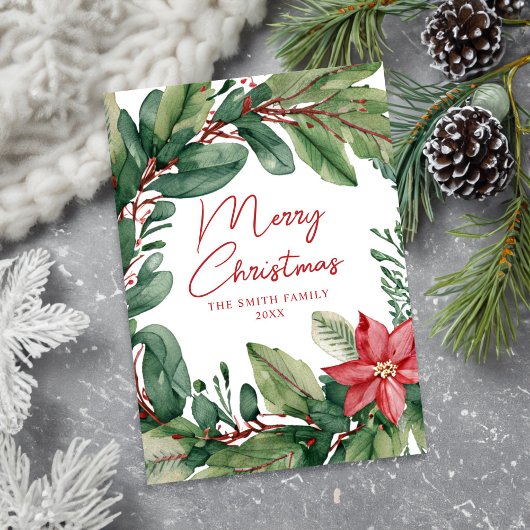 Moderne minimale bloemenkrans Vrolijk kerstfeest Feestdagenkaart