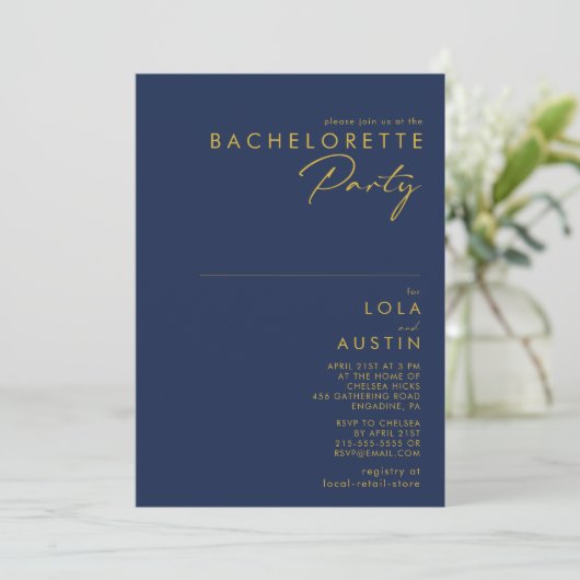 Moderne, minimale "Blue Gold Bachelorette"-partij Kaart (Staand voorkant)