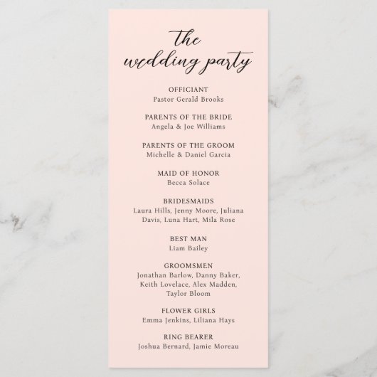 Moderne minimale Blush Pink Wedding Ceremony Progr (Achterkant)