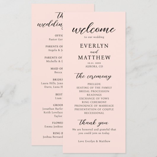 Moderne minimale Blush Pink Wedding Ceremony Progr (Voorkant / Achterkant)