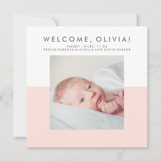Moderne minimale blush roze aankondiging geboorte  (Voorkant)