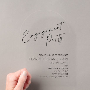 Moderne Minimale Boog Zwarte Script Verlovingsfees Acryl Uitnodigingen