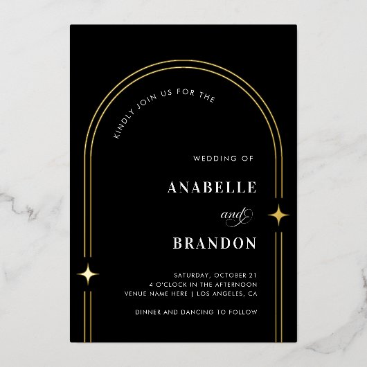 Moderne minimale boogbedekking en eenvoudig zwart folie uitnodiging (Voorkant)