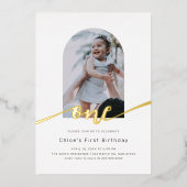 Moderne minimale boogfoto eerste verjaardag folie uitnodiging (Voorkant)
