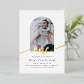 Moderne minimale boogfoto eerste verjaardag folie uitnodiging (Staand Voorkant)