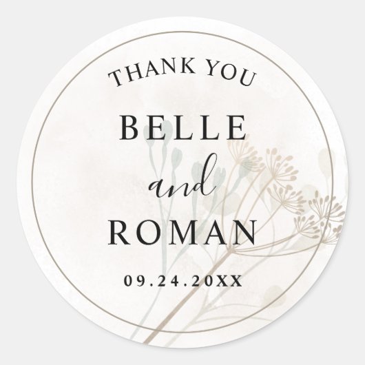 Moderne minimale botanische bruiloft ronde sticker (Voorkant)