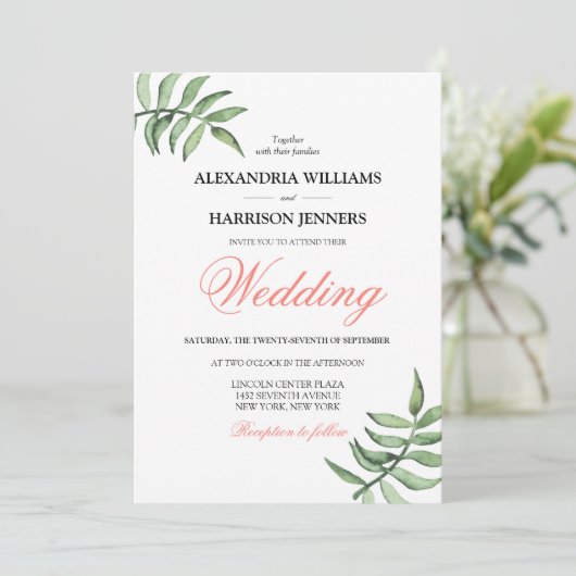Moderne minimale botanische koraalgroene bruiloft kaart (Staand voorkant)