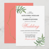 Moderne minimale botanische koraalgroene bruiloft kaart (Voorkant / Achterkant)