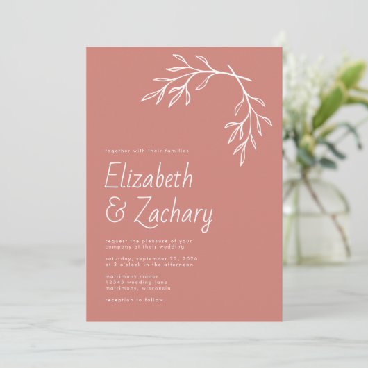 Moderne minimale botanische terracotta bruiloft kaart (Staand voorkant)