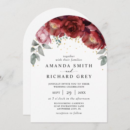 Moderne Minimale Bourgondische Rode Bloemen Trouwb Kaart (Voorkant / Achterkant)