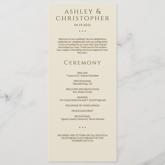 Moderne minimale brons & goud bruiloft ceremonie programmakaart (Voorkant)