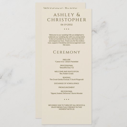 Moderne minimale brons & goud bruiloft ceremonie programmakaart (Voorkant / Achterkant)