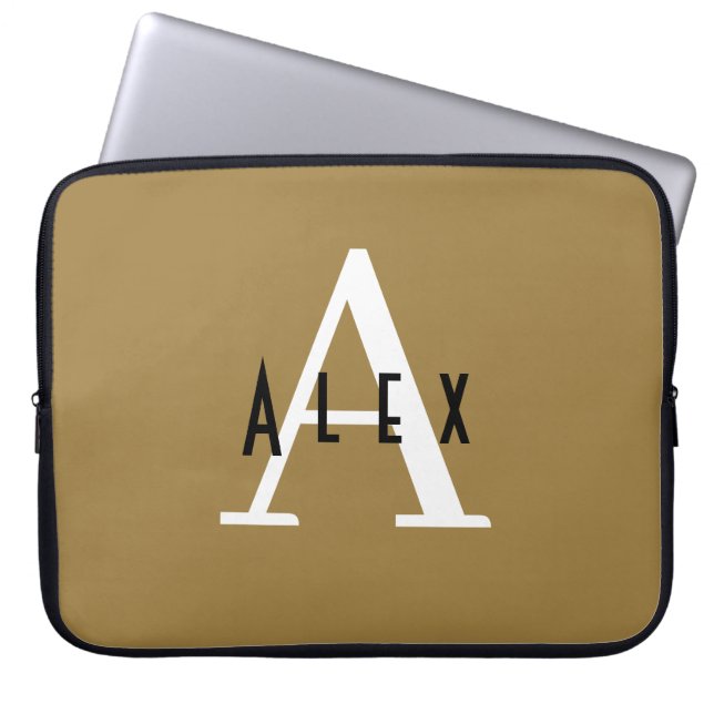 Moderne minimale Bronze Initiaal + Naam Monogram Laptop Sleeve (Voorkant)