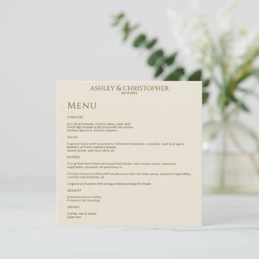 Moderne minimale bronzen & gouden bruiloft recepti menu (Staand voorkant)
