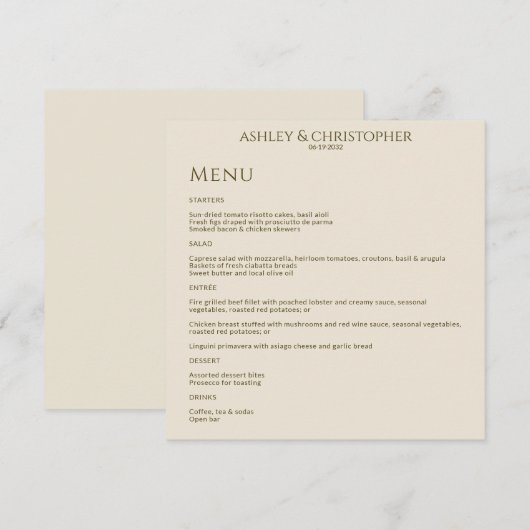 Moderne minimale bronzen & gouden bruiloft recepti menu (Voorkant / Achterkant)