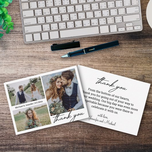 Moderne minimale bruiloft 3 foto's collage dank u notitiekaartje