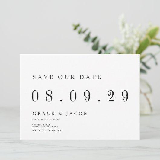 Moderne minimale bruiloft datum niet-foto save the date (Staand voorkant)