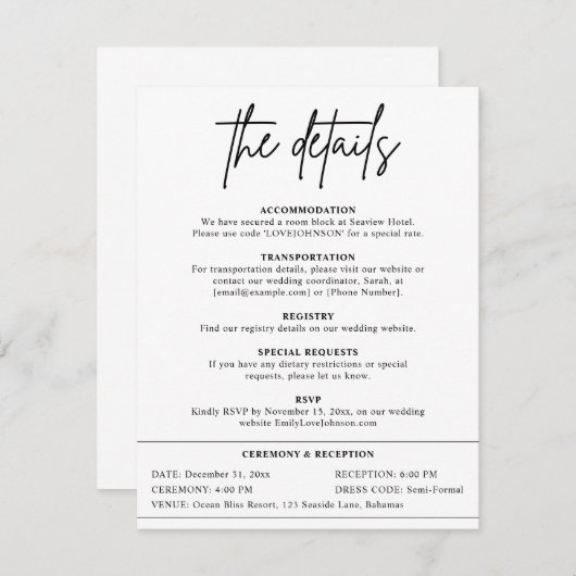 Moderne minimale bruiloft details informatiekaartje (Voorkant / Achterkant)