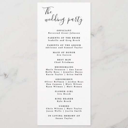 Moderne minimale bruiloft programma volgorde van e programmakaart (Achterkant)