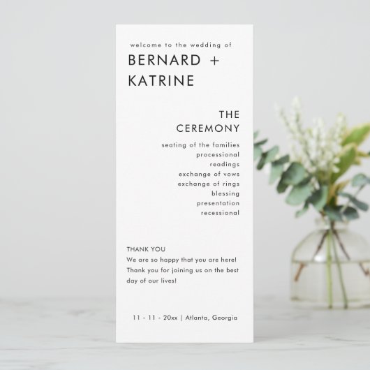 Moderne minimale bruiloft programma volgorde van e programmakaart (Staand voorkant)