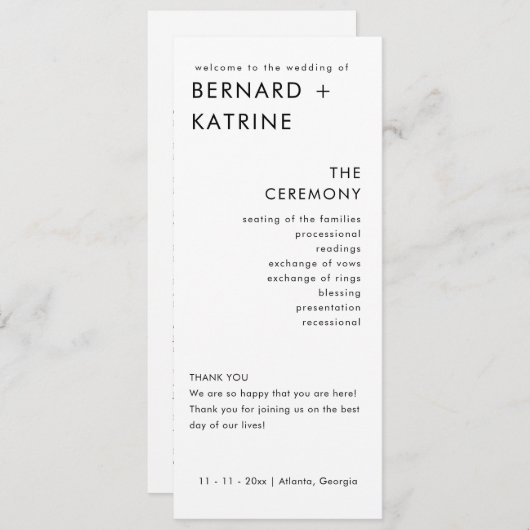 Moderne minimale bruiloft programma volgorde van e programmakaart (Voorkant / Achterkant)