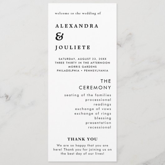 Moderne minimale bruiloft programma volgorde van e programmakaart (Voorkant)