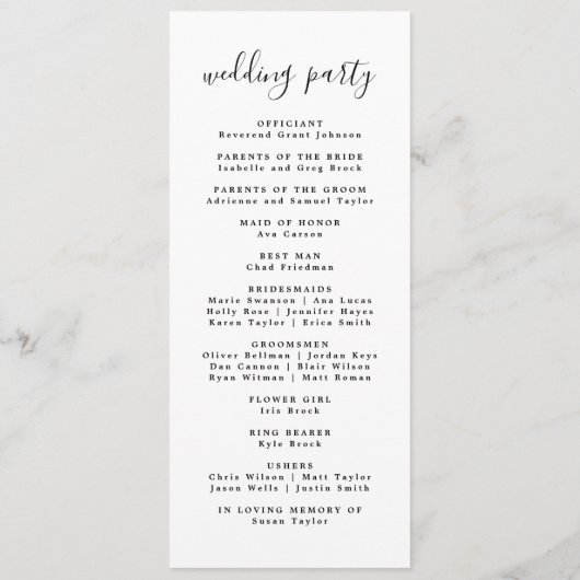 Moderne minimale bruiloft programma volgorde van e programmakaart (Achterkant)