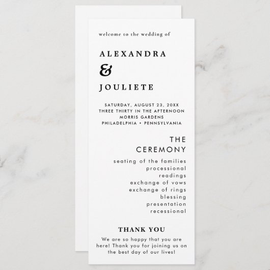 Moderne minimale bruiloft programma volgorde van e programmakaart (Voorkant / Achterkant)