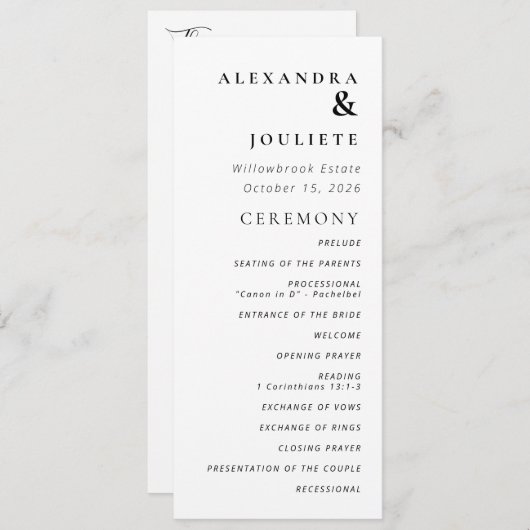 Moderne minimale bruiloft programma volgorde van e programmakaart (Voorkant / Achterkant)