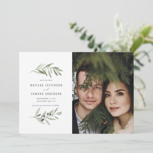 Moderne, minimale bruiloft van de foto van olijfbl aankondiging (Staand voorkant)