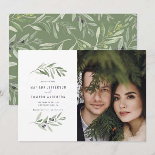 Moderne, minimale bruiloft van de foto van olijfbl aankondiging (Voorkant / Achterkant)