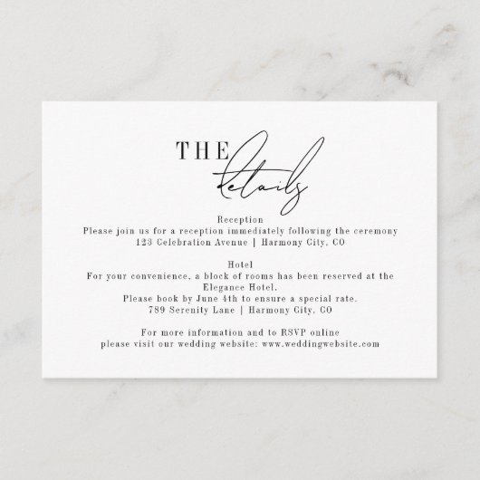 Moderne, minimale bruiloft - Versluitingskaart Informatiekaartje (Voorkant)