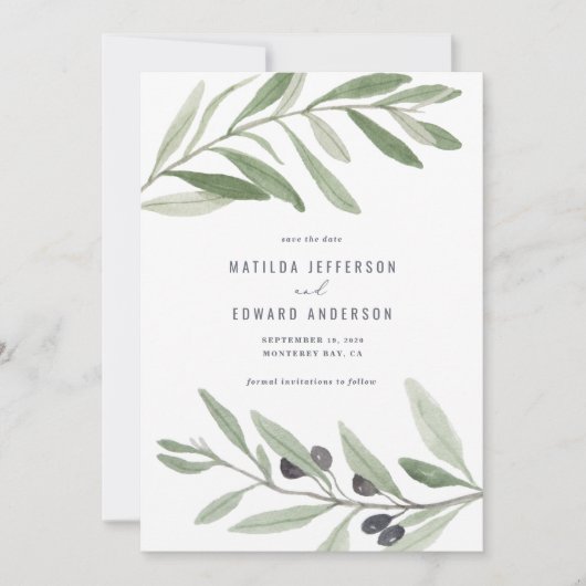 Moderne minimale bruiloft voor olijfbladeren aankondiging (Voorkant)