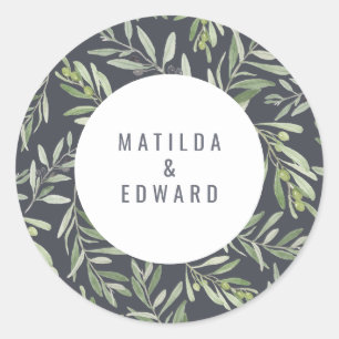 Moderne minimale bruiloft voor olijfbladeren ronde sticker
