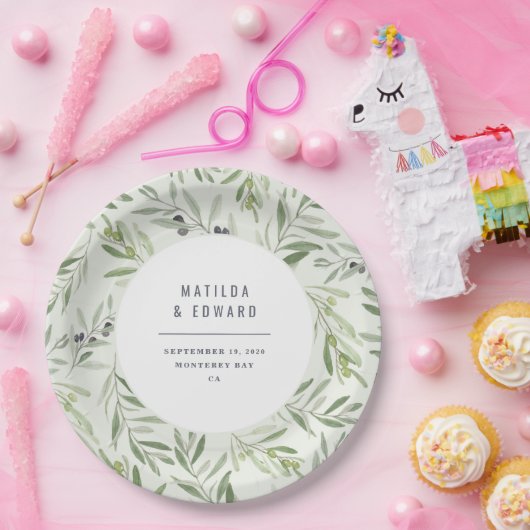 Moderne minimale bruiloftfeest in de olijfsector papieren bordje (Feest)