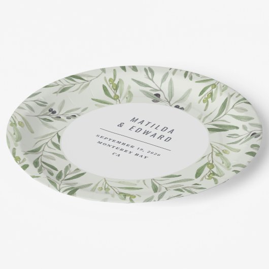 Moderne minimale bruiloftfeest in de olijfsector papieren bordje (Gekanteld)
